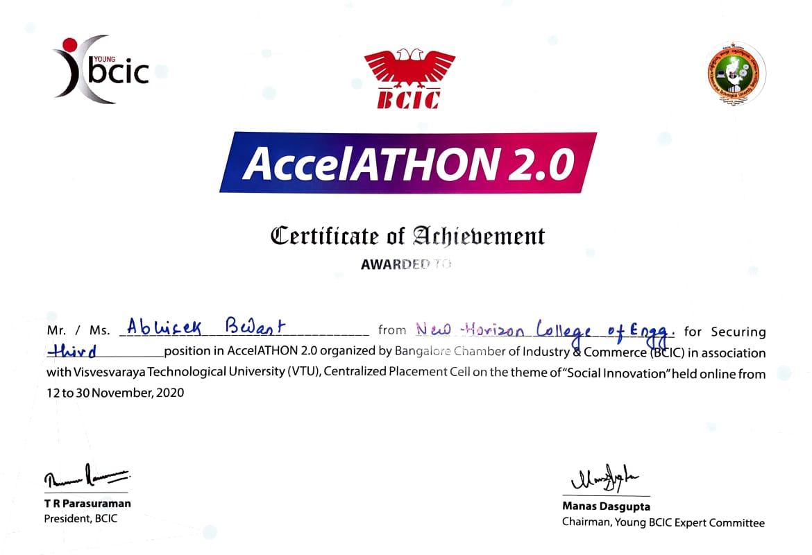 Mr. Abhisek Bedant, 2nd year student has secured 3rd position in AccelATHON2.0 organized by Bangalore Chamber of Industry & Commerce (BCIC) in association with Visvesvaraya Technological